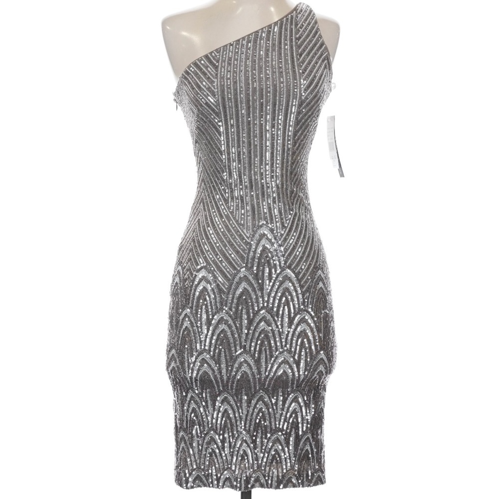 Aqua Dresses One-Shoulder Silver Sequin Cocktail Dress Designer